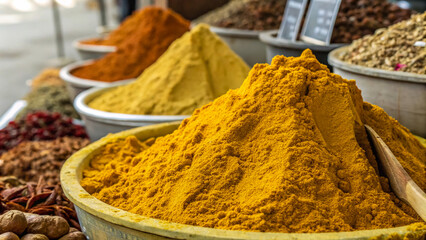 Assorted colorful spices turmeric curry powder for sale market food photo