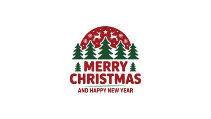 Festive merry christmas and happy new year greeting with stylized evergreen trees and reindeer silhouette inside a red arch