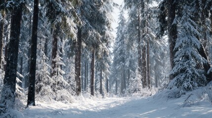 A winter forest with a thick blanket of snow on the ground,
