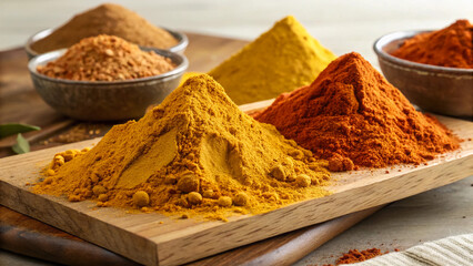 Assorted colorful spices turmeric paprika curry powder on wooden board shot