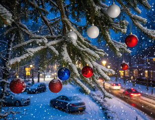 A New Year's city, a top view through snow-covered pine branches with Christmas tree decorations