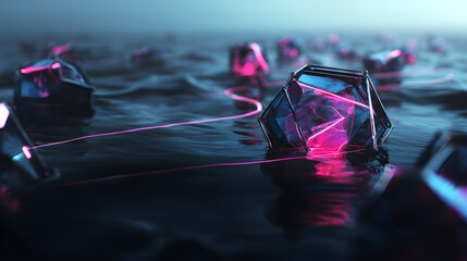 Fototapeta premium Futuristic glowing crystals connected by energy lines across a dark, reflective surface.