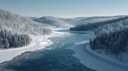 A winter landscape with a frozen river bend,