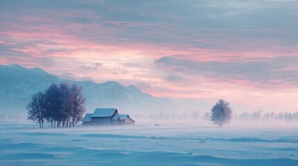 A winter landscape with a distant farm,