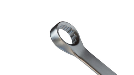 Close-up of a chrome box-end wrench with a twelve-point ring head, isolated on a transparent background