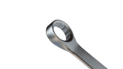 Close-up of a chrome box-end wrench with a twelve-point ring head, isolated on a transparent background