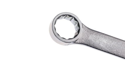 Close-up view of a chrome-plated wrench with a 12-point socket, highlighting its precise engineering and durable construction for mechanical tasks