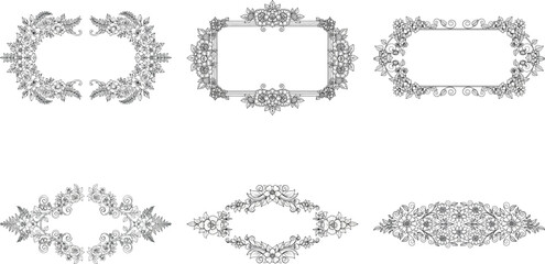 Collection of six elegant floral frames isolated on transparent background, perfect for adding a touch of sophistication