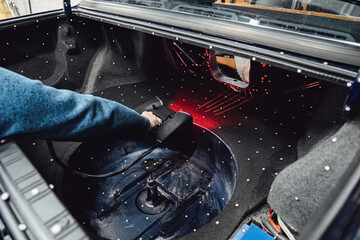 3D scanning of car interior with handheld scanner for CAD modeling custom part prototyping and accurate geometry capture in automotive manufacturing design and engineering