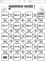 Addition maze puzzle game worksheet for child