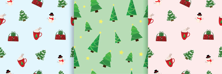 A festive Christmas seamless pattern set featuring cute holiday elements:Christmas trees, snowmen,gift boxes, winter mugs,and cozy seasonal icons.Perfect for wrapping paper, fabric design.