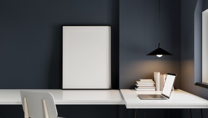 Workspace Composition: A minimalist workspace showcases a clean desk with a blank picture frame, laptop, and books. The composition highlights a creative and organized atmosphere.