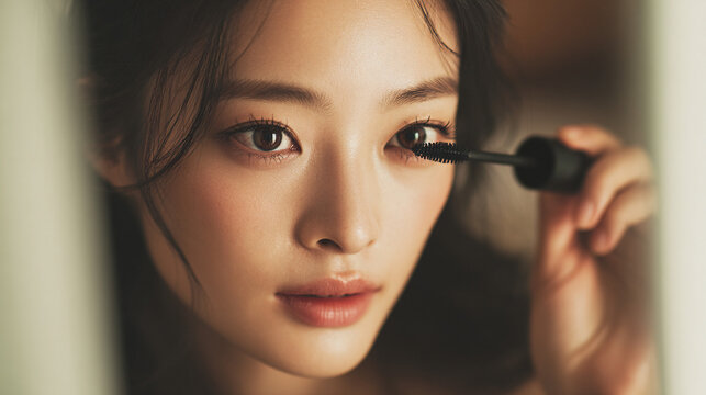 Close up beauty portrait of young woman applying mascara to eyelashes in warm soft light