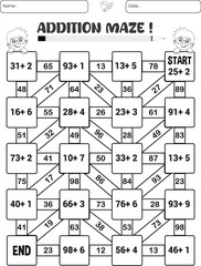 Addition maze puzzle game worksheet for child