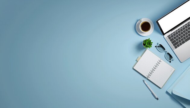 Minimalistic Workspace: Top-down perspective of essential work items arranged against a serene background - Powered by Adobe