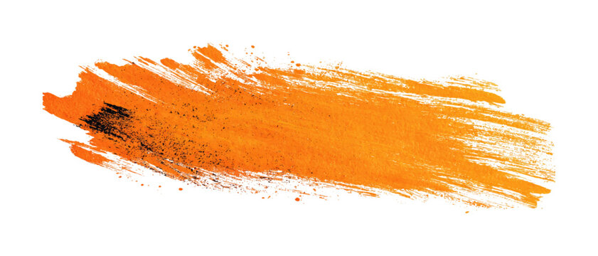 Orange paint stroke on white background. Orange watercolor paint stroke with textured brush marks and white edges isolated on transparent background.