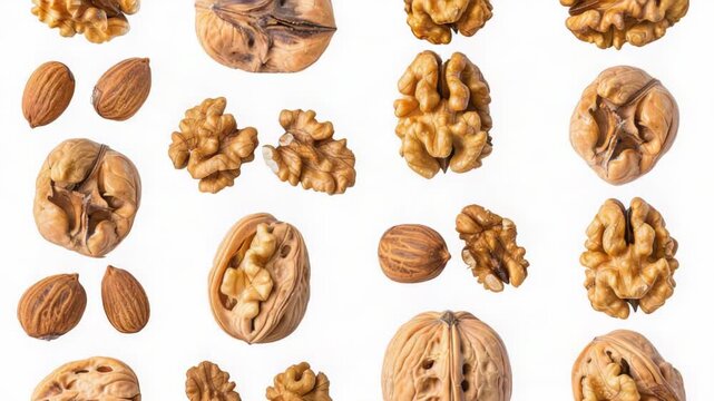 Video A selection of different types of nuts arranged on a clean and white background