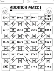 Addition maze puzzle game worksheet for child