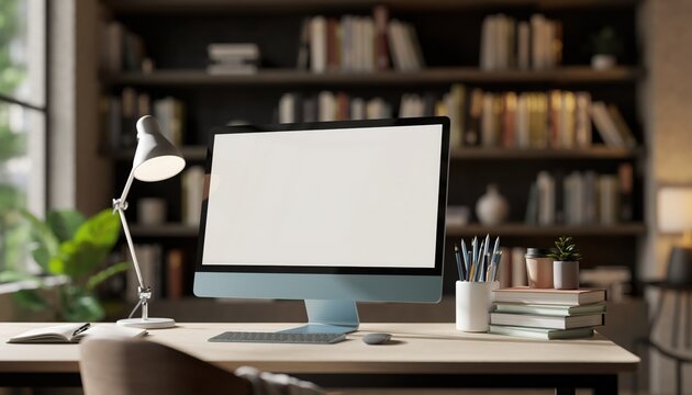 Digital Workspace: A modern workspace comes to life, a sleek computer display takes center stage on a light wood desk, offering a canvas for ideas and innovation.