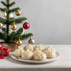 New Year tree made from dumplings arranged on a counter, festive minimalist background, flat lay top view with copy space