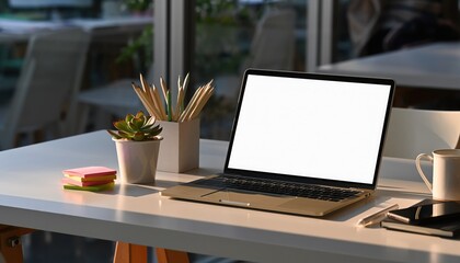 Workspace Composition: A modern laptop rests on a clean desk, complemented by office essentials, creating a productive and organized workspace. 
