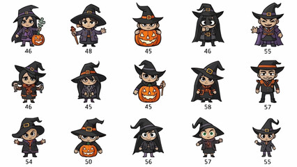 Collection of cartoon witches and wizards in various poses with halloween pumpkins and hats on white background