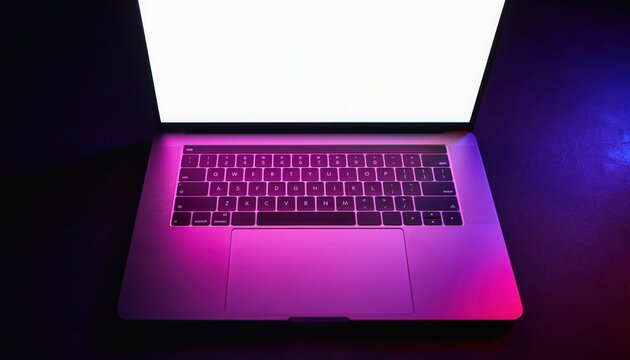 Digital Luminescence: A sleek laptop, its illuminated screen casting a radiant glow, symbolizes modern technology and connectivity in a dimly lit environment.