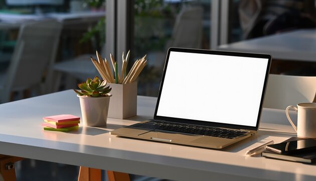Workspace Composition: A modern laptop rests on a clean desk, complemented by office essentials, creating a productive and organized workspace.