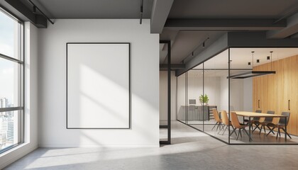 Modern Office Interior: a modern office with sleek design elements, featuring a framed artwork on the wall, glass-walled conference room, and a captivating view through the windows.