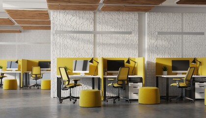 Modern Office Design: A vibrant, well-lit modern office space featuring yellow accent workstations, ergonomic chairs, and creative sound-dampening ceiling elements.