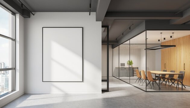 Modern Office Interior: a modern office with sleek design elements, featuring a framed artwork on the wall, glass-walled conference room, and a captivating view through the windows.