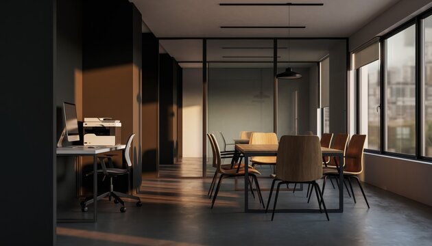 Office interior Design: a contemporary office design showcases the seamless blend of modern minimalism and functional elegance, creating an inspiring environment for productivity and collaboration.