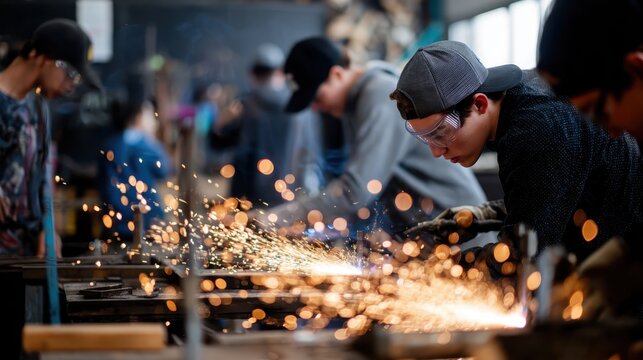 Young individuals engaged in metalworking at a workshop, creating sparks during hands-on training