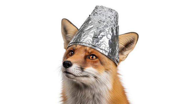 fox wearing a tinfoil hat, paranoid, paranoia, on a white background, animal photo