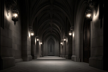 Obraz premium Moody gothic hallway lined with iron sconces, ribbed vault ceiling, cold stone floors, and dramatic shadows