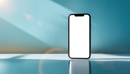 Minimalist Tech: A sleek smartphone with a blank screen stands in a minimalist setting, bathed in soft light. Ideal for digital marketing, app promotion, and showcasing interface designs. 
