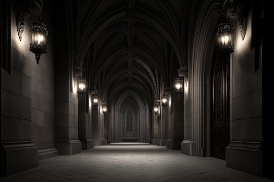 Moody gothic hallway lined with iron sconces, ribbed vault ceiling, cold stone floors, and dramatic shadows