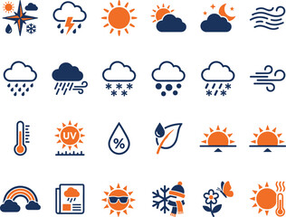 Weather icons set, flat vector, sun, rain, snow, wind, temperature, cloud, storm, humidity, UV index, seasons, forecast, environment