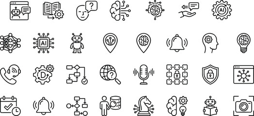 Artificial intelligence icons, machine learning symbols, data science tools, neural network graphics, AI chatbot interface, cybersecurity elements, voice recognition, cognitive computing