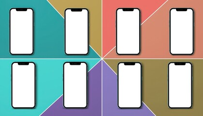 Digital Symphony: a colorful composition of mobile smartphone devices with blank screens, representing a world of endless communication and interactive experiences.