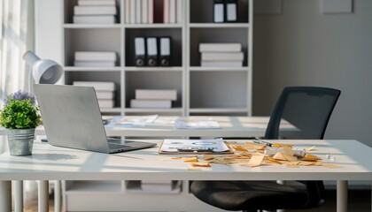 Organized Chaos: A modern office workstation, with a laptop, stationery, and a few scattered documents, against a backdrop of organized bookshelves, illustrating the balance of work and creativity.