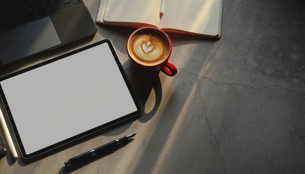 Workspace Still Life: A modern workspace comes to life, featuring a tablet with a blank screen, a pen, a cup of coffee, and a notebook. Sunlight spills across the scene.