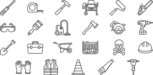 Construction tools icons, flat vector set, safety gear, equipment, hammer, drill, saw, gloves, helmet, hazard, toolbox, shovel, industrial