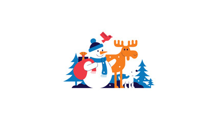 Charming illustration of a friendly snowman and a cheerful moose celebrating winter holidays together in a snowy forest