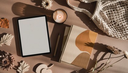 Cozy Workspace Essentials: A tranquil workspace setting features a blank tablet, a notebook, a burning candle, and decorative elements under soft sunlight.