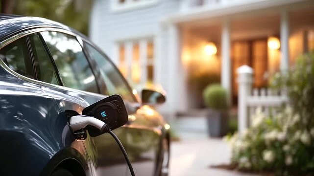 Electric car plugged in outside house residential charging home EV station sustainable transportation domestic charging infrastructure green energy convenient home charging