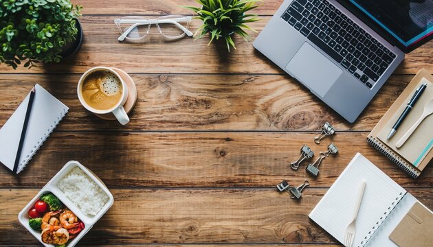 Work from Home Workspace : a meticulously organized home office, designed to optimize both work productivity and well-being. A cup of coffee, lunch box, small plants.