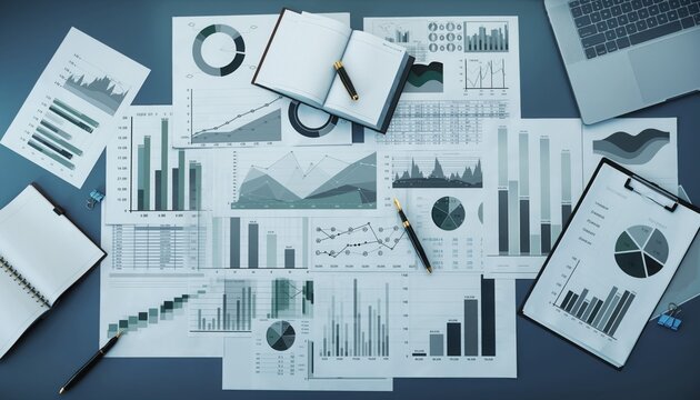 Data Analysis and Financial Reporting: A top-down perspective on meticulously arranged financial reports and analytical data, indicating a deep dive into statistical information. - Powered by Adobe