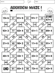 Addition maze puzzle game worksheet for child