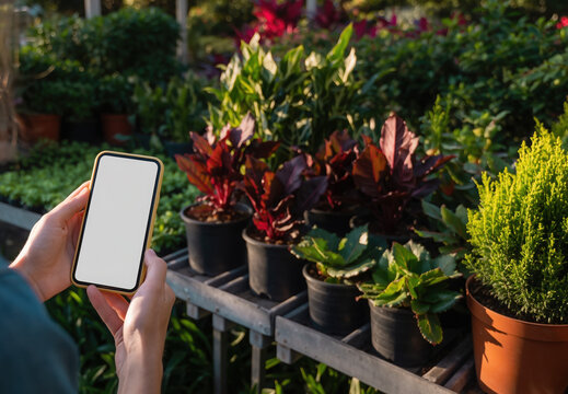 Mobile in Greenhouse: Person holds up phone in front of various potted plants in a green house. Reflecting modern technology integrated with natural life.